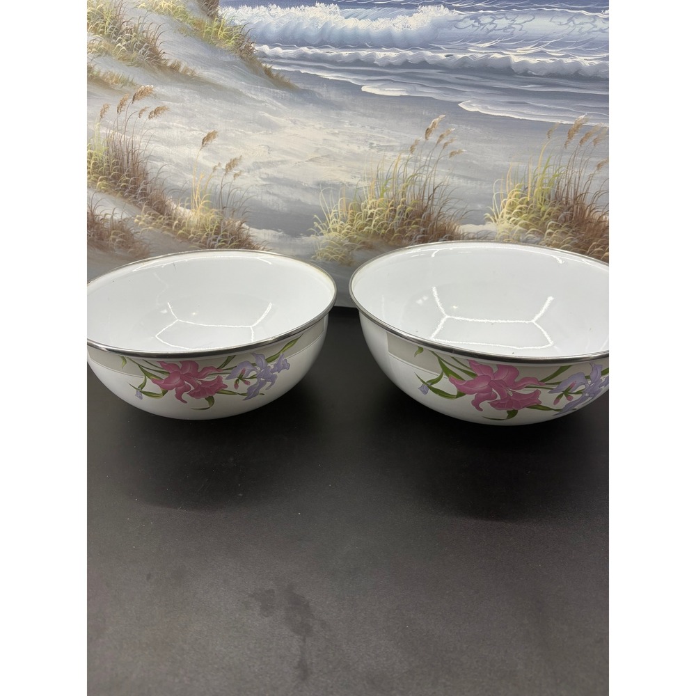 Vintage Enamel Floral Mixing Bowl Set White Pink Purple Iris Farmhouse 2pc